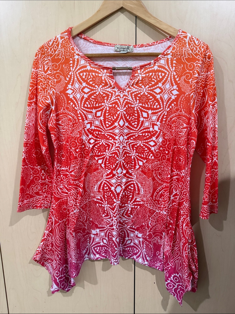 ONE WORLD Orange & White Printed Handkerchief Hem Tunic